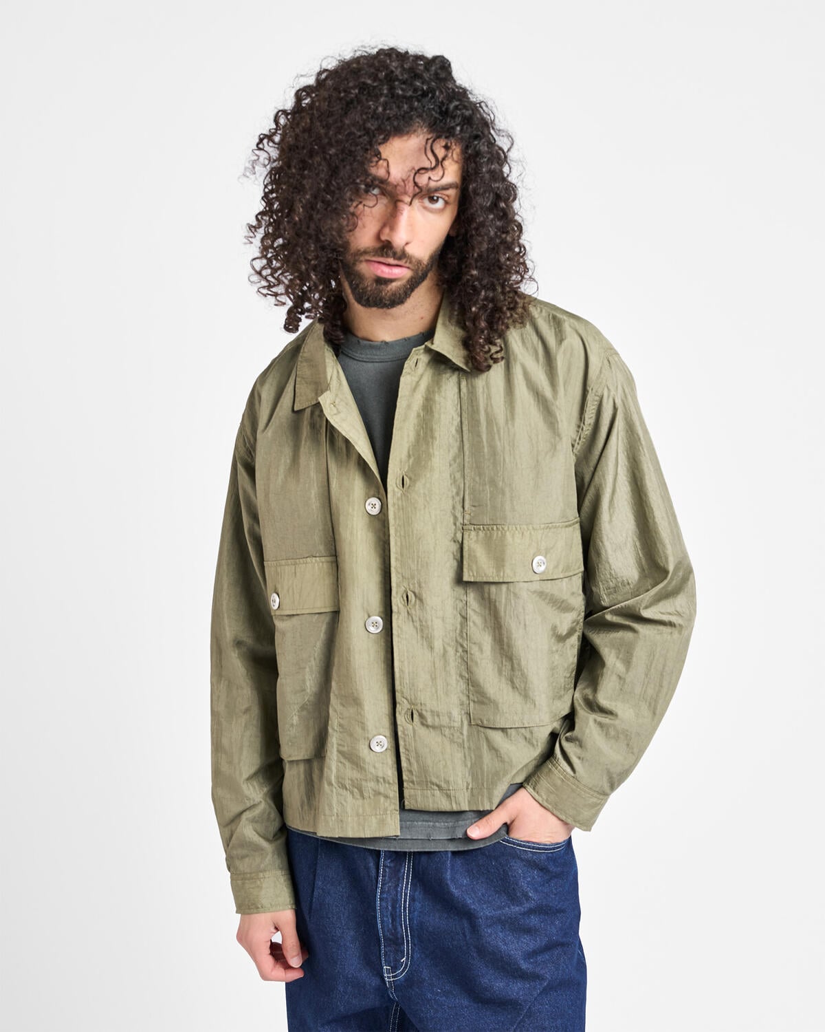 Brain Dead Cropped Nylon Button Up Shirt | P26O01004866-arm | AFEW